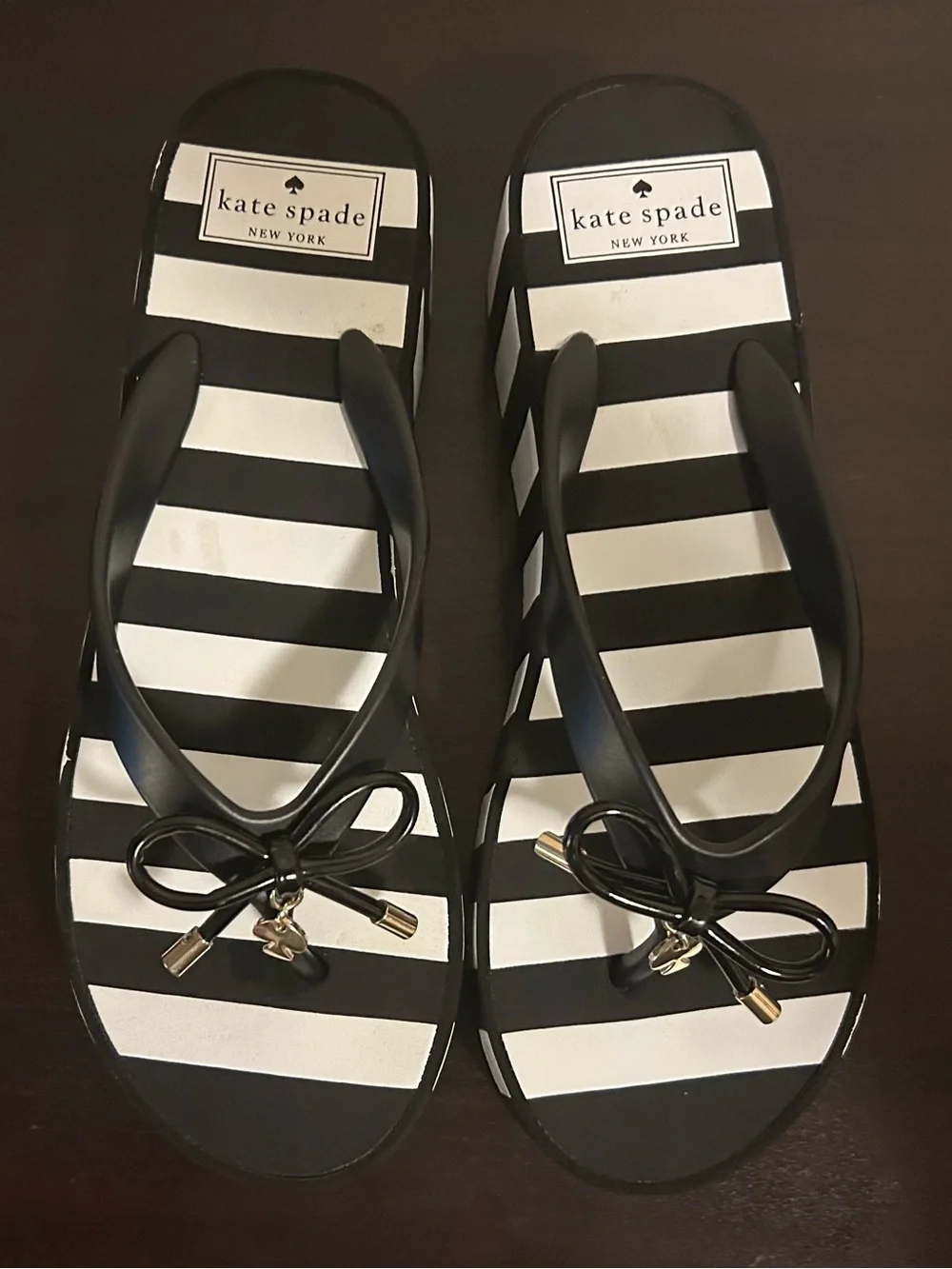 Kate Spade Rhett Black White Striped Platform Wedge Bow Sandals Size 8